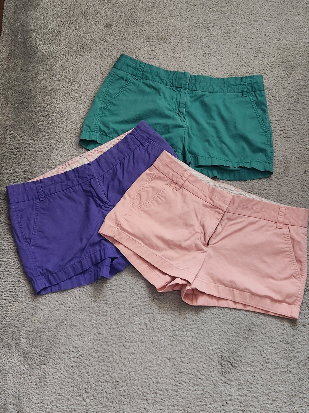 J. Crew Women’s Chino Shorts Trio in Teal, Purple & Blush